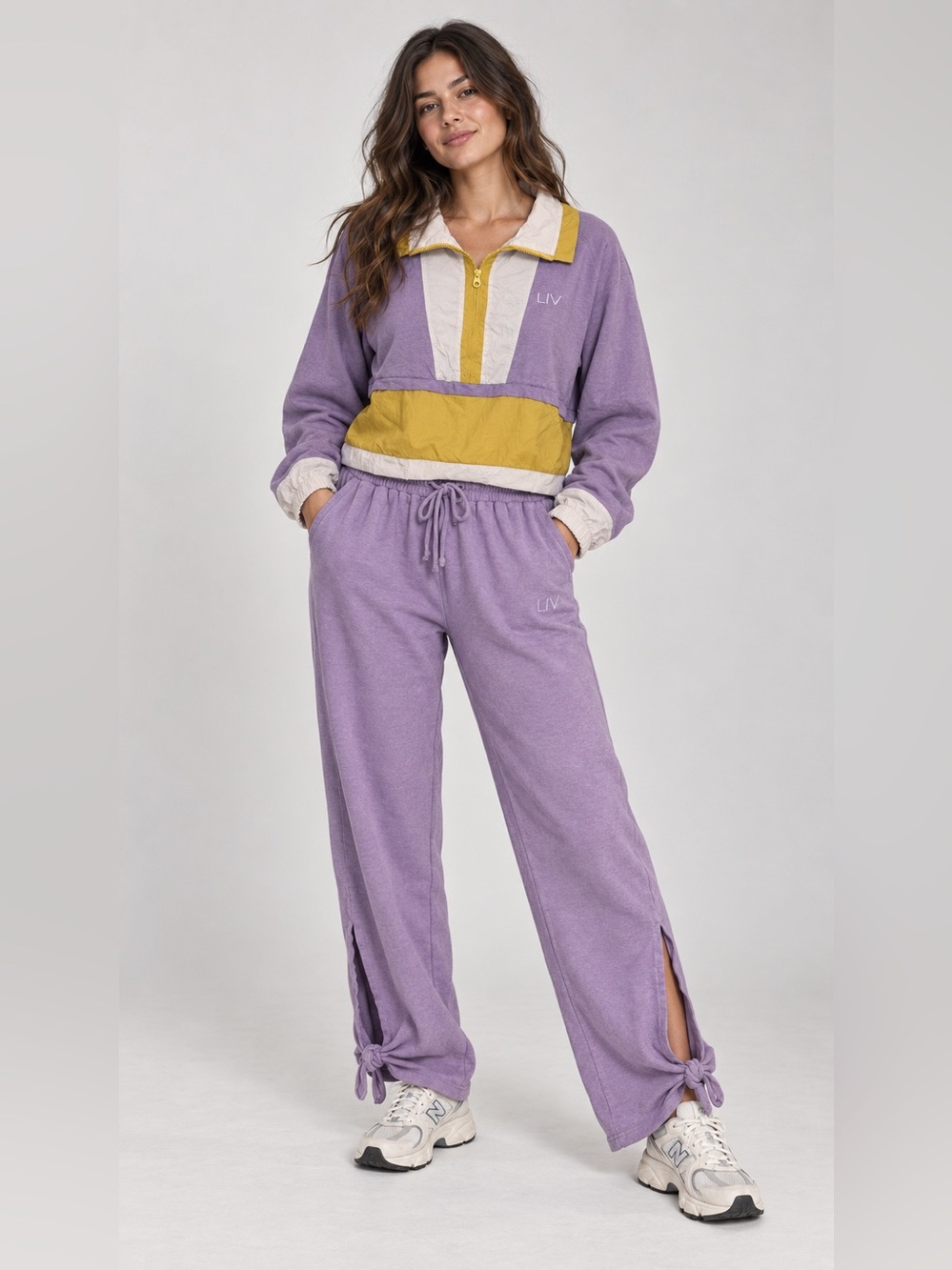 Livom Lavender Mustard colorblock sporty Pullover terrycloth set sz small
